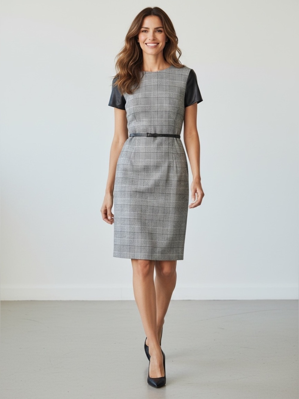 Calvin Klein Plaid Sheath Dress with Leather Trim Size 8 Medium